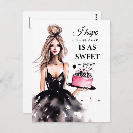 金髪の少女 黒いドレス 誕生日のケーキ 水彩画 ポストカード (正面/裏面)