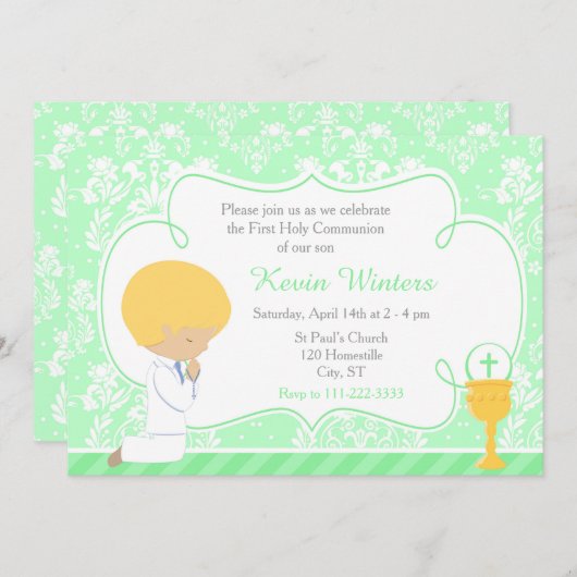 金髪の少年が初めての聖体拝領 ダマスク 招待状 (正面/裏面)