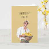 金髪の男 黄色いひよこのかご 誕生日 カード (黄色い花)