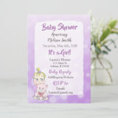 金髪の赤ちゃん女の子とテディベアのベイビーシャワーのおしゃれなデザイン 招待状 (スタンド正面)
