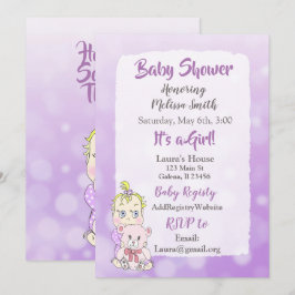 金髪の赤ちゃん女の子とテディベアのベイビーシャワーのおしゃれなデザイン 招待状