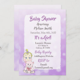 金髪の赤ちゃん女の子とテディベアのベイビーシャワーのポスター 招待状