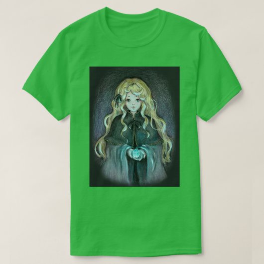 金髪の魔女とクリスタル白熱［赤熱］光を放つ Tシャツ (デザイン正面)