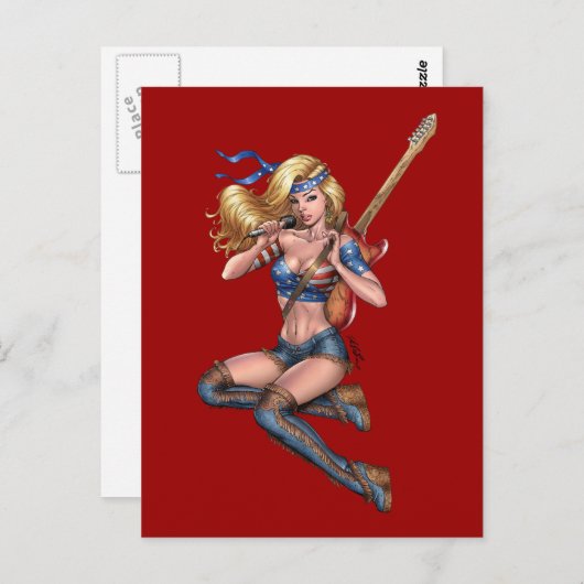 金髪ギタープレーヤーとアメリカ国旗:アル・リオ ポストカード (正面/裏面)