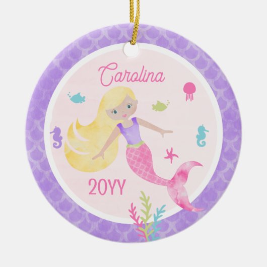 金髪ピンク&紫のキープサケ付き人魚 セラミックオーナメント (正面)