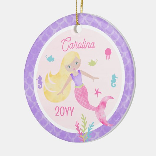 金髪ピンク&紫のキープサケ付き人魚 セラミックオーナメント (左)