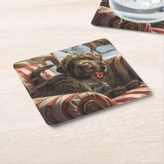 金髪ポインティンググリフォン犬クリスマスフェスティバル スクエアペーパーコースター (アングル)