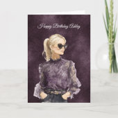 金髪女性サングラス紫色のブラウス誕生日 カード (正面)