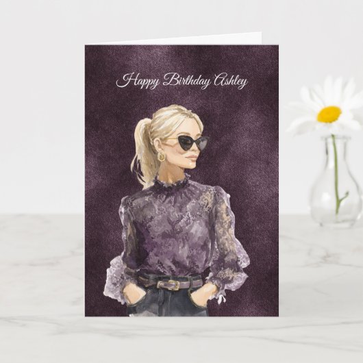金髪女性サングラス紫色のブラウス誕生日 カード (小さな植物)