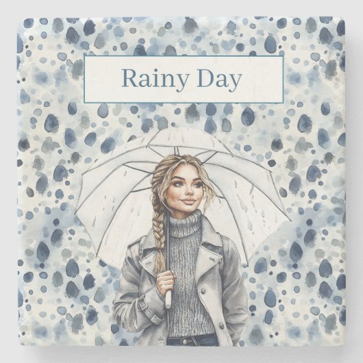 金髪女性 雨の日 ストーンコースター (正面)