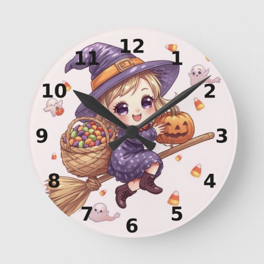 金髪魔女のハロウィン壁掛け時計 ラウンド壁時計 (正面)