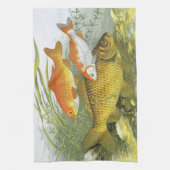 金魚とコイの魚、ヴィンテージの海洋水生生物 キッチンタオル (縦)