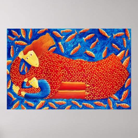 金魚と描かれた母と子のアートプリント ポスター (正面)