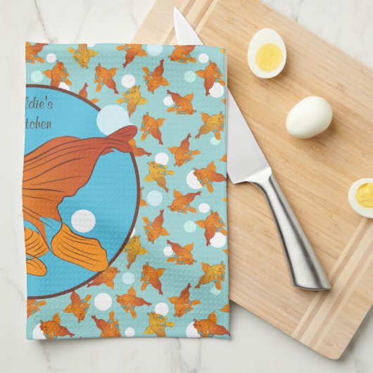 金魚と泡のグラフィックパタパーソナライズされたーン キッチンタオル (四つ折り)