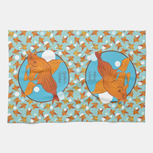金魚と泡のグラフィックパタパーソナライズされたーン キッチンタオル (横)