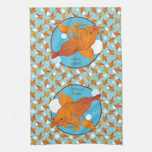 金魚と泡のグラフィックパタパーソナライズされたーン キッチンタオル (縦)