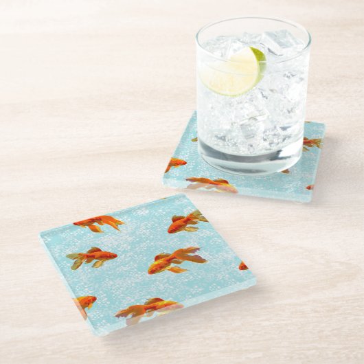 金魚の柄（青） ガラスコースター (アングル)