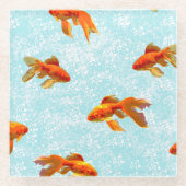 金魚の柄（青） ガラスコースター (正面)