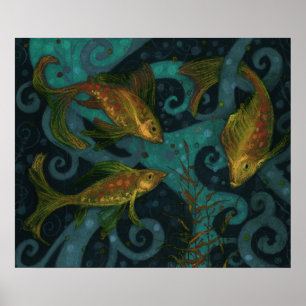 金魚の水中動物絵画の黒ティール(緑がかった色) ポスター