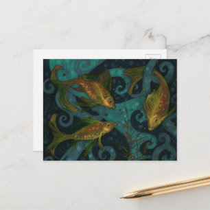 金魚の水中動物絵画の黒ティール(緑がかった色) ポストカード