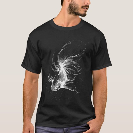 金魚の線画 水槽の魚のデザイン Tシャツ (正面)