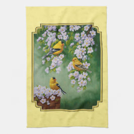 金魚の鳥とリンゴの花が黄色 キッチンタオル