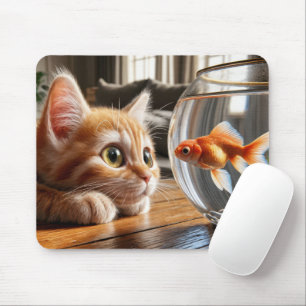 金魚を見ているオレンジの子猫 マウスパッド