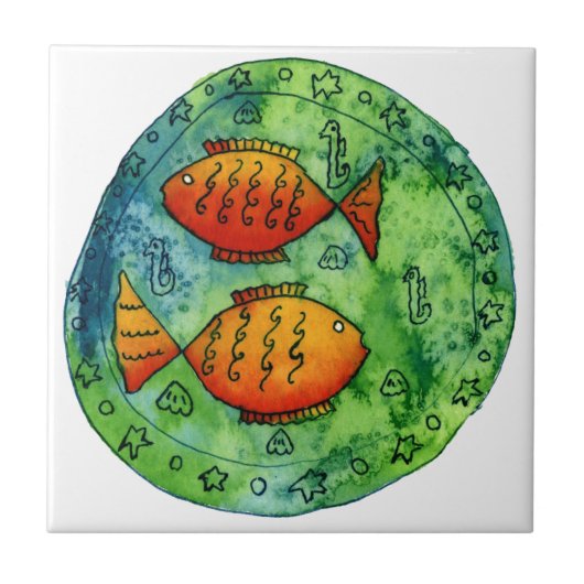 金魚二匹の水彩画 海の生物 水中 タイル (正面)