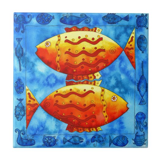 金魚二匹の水彩画 海の生物 水中 タイル (正面)