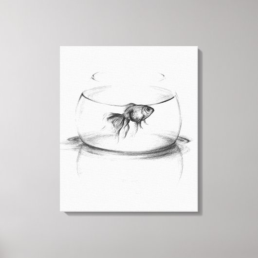 金魚鉢と水の中の金魚 鉛筆画アート キャンバスプリント (正面)