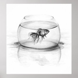 金魚鉢と水の中の金魚 鉛筆画アート ポスター