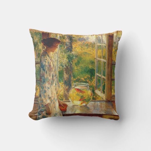 金魚鉢のそばの若い女性(チルドハサム) クッション (正面)