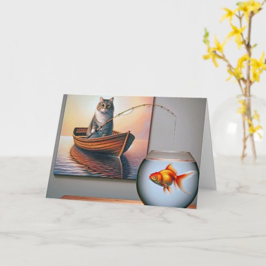 金魚魚釣りの猫誕生日 カード (黄色い花)