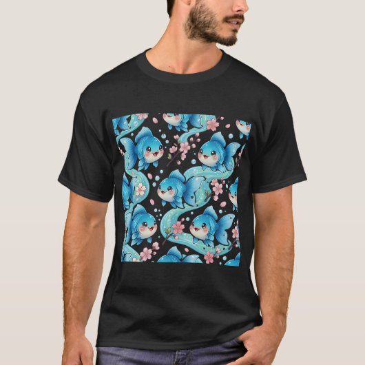 金魚 桜の花 青 かわいい Tシャツ (正面)