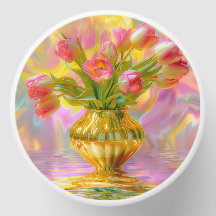 金鮮やかの花瓶のピンクのチューリップ