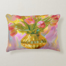 金鮮やかの花瓶のピンクのチューリップ アクセントクッション