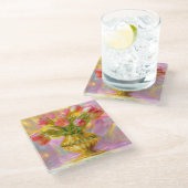 金鮮やかの花瓶のピンクのチューリップ ガラスコースター (アングル)