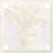 金鮮やかの花瓶のピンクのチューリップ ガラスコースター (裏面)