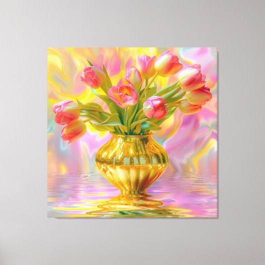 金鮮やかの花瓶のピンクのチューリップ キャンバスプリント (正面)