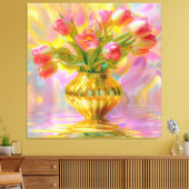 金鮮やかの花瓶のピンクのチューリップ キャンバスプリント (インサイチュ (リビング))