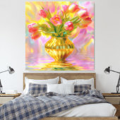 金鮮やかの花瓶のピンクのチューリップ キャンバスプリント (インサイチュ (寝室))