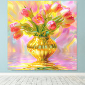 金鮮やかの花瓶のピンクのチューリップ キャンバスプリント (インサイチュ (ウッドフロア))