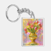金鮮やかの花瓶のピンクのチューリップ キーホルダー (正面左)