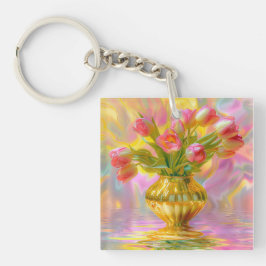 金鮮やかの花瓶のピンクのチューリップ キーホルダー
