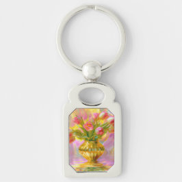 金鮮やかの花瓶のピンクのチューリップ キーホルダー