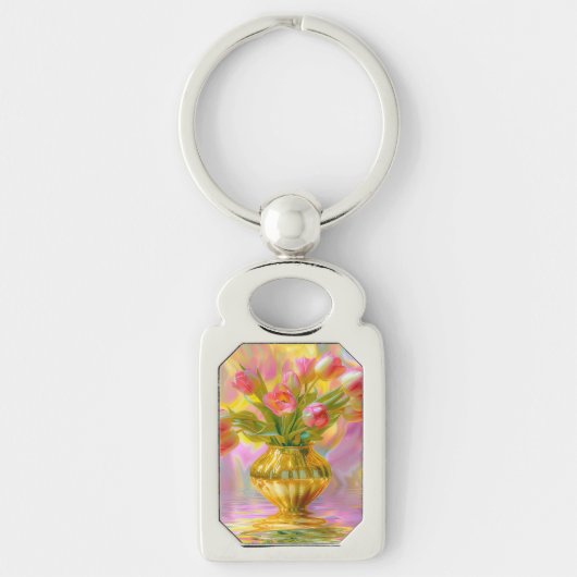 金鮮やかの花瓶のピンクのチューリップ キーホルダー (正面)