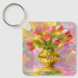 金鮮やかの花瓶のピンクのチューリップ キーホルダー