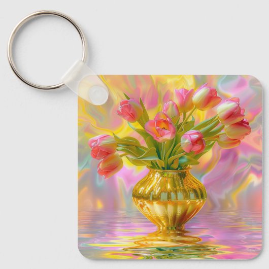 金鮮やかの花瓶のピンクのチューリップ キーホルダー (正面)