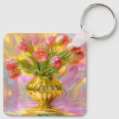 金鮮やかの花瓶のピンクのチューリップ キーホルダー (裏面)