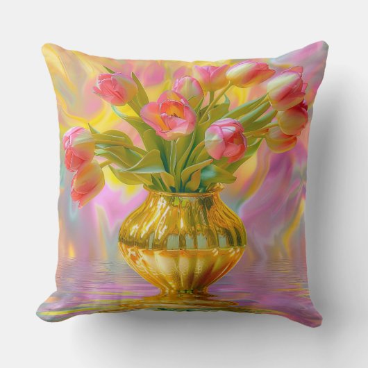 金鮮やかの花瓶のピンクのチューリップ クッション (正面)